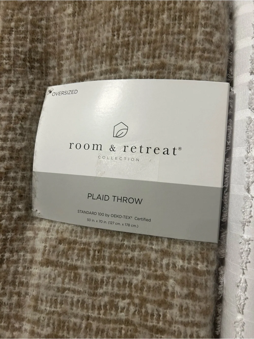 Tan Plaid Throw Blanket with Fringe
